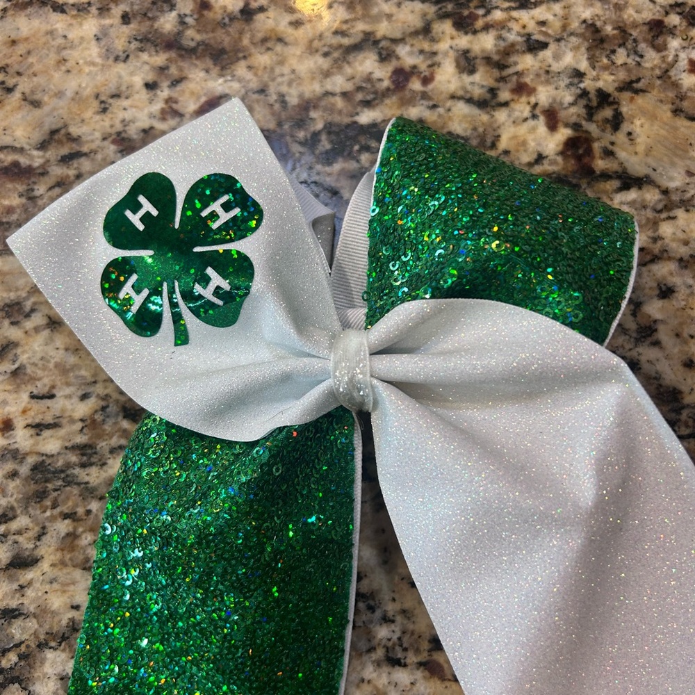 Large Glittery 4-H Green and White Glitter Hair Bow with clip